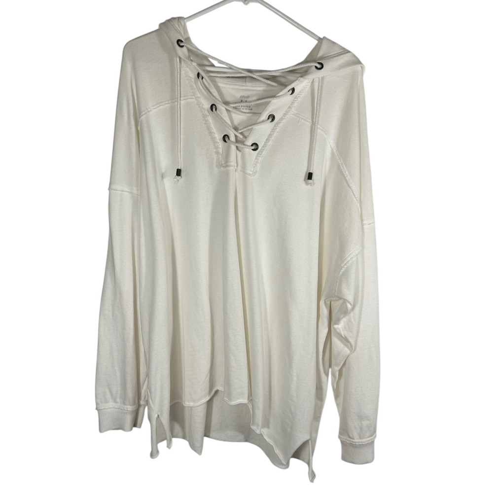 Aerie Womens Medium White Lace Up V-Neck Oversized Hoodie Raw Hem Slouchy Top